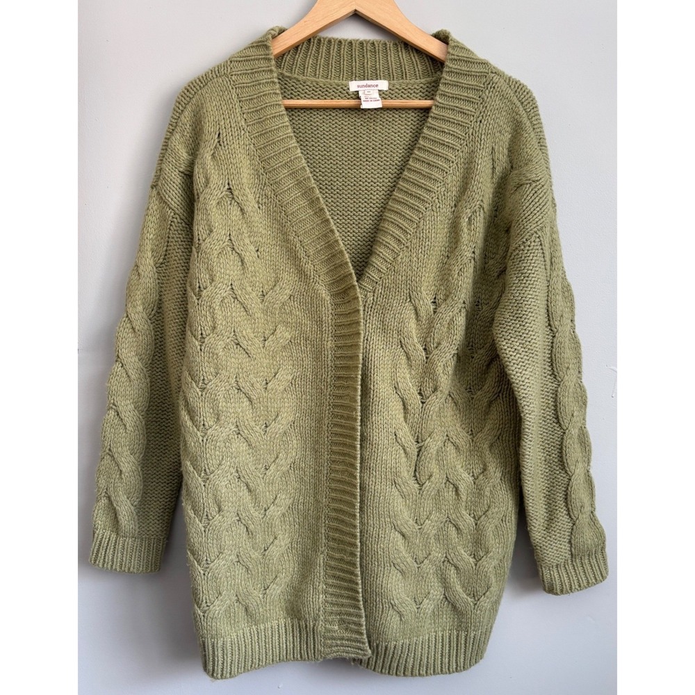 Sundance M Womens Cardigan Sweater Cable Knit Wool Blend Green V Neck Button‎